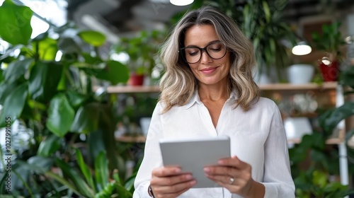 A serene woman with glasses enjoys reading on her tablet in an indoor garden, exuding tranquility and focus within a lush green environment filled with plants.