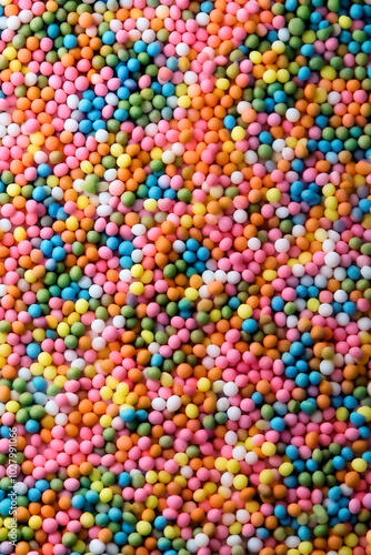 Colorful candy sprinkles spread surface, background and texture