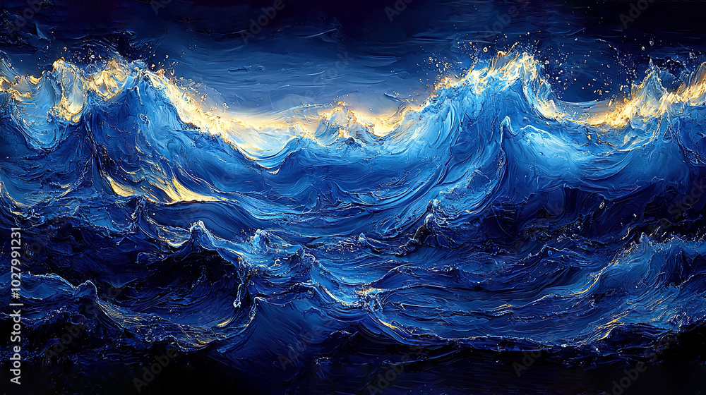 A painting depicts a blue wave bathed in yellow light emanating from above and below A painting depicts a blue wave bathed in yellow light emanating from above and below