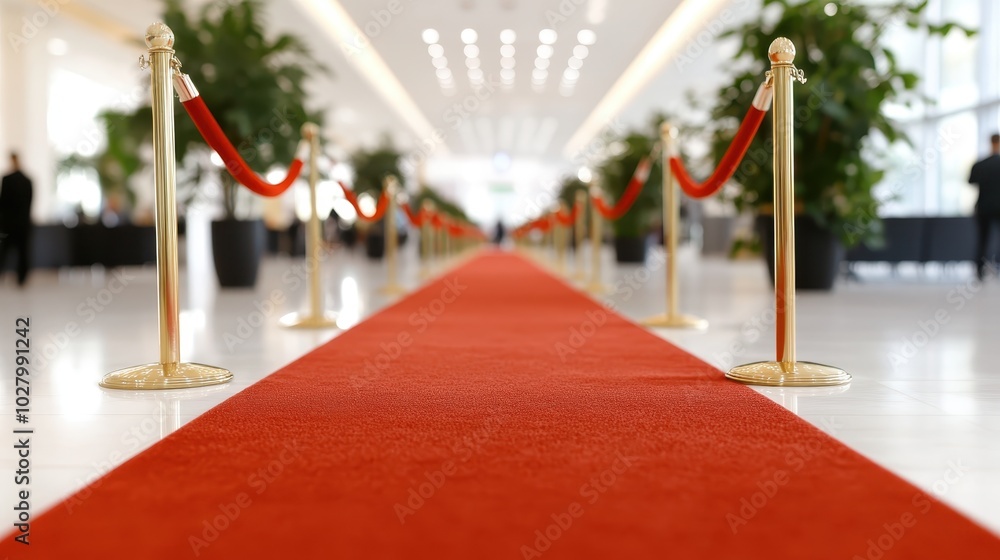 An extended red carpet leads to a luxury event entrance, framed by lush greenery and golden stanchions, offering a visually stunning and captivating welcome experience. An extended red carpet leads to a luxury event entrance, framed by lush greenery and golden stanchions, offering a visually stunning and captivating welcome experience.