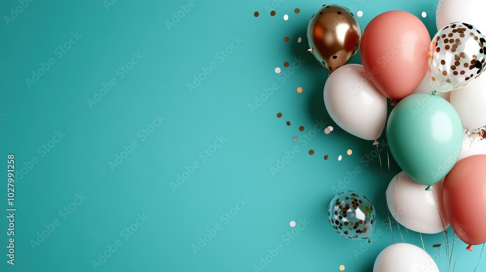 A vibrant arrangement of balloons in shades of white, teal, pink, and gold set against a teal background, perfect for festive or celebratory occasions. A vibrant arrangement of balloons in shades of white, teal, pink, and gold set against a teal background, perfect for festive or celebratory occasions.