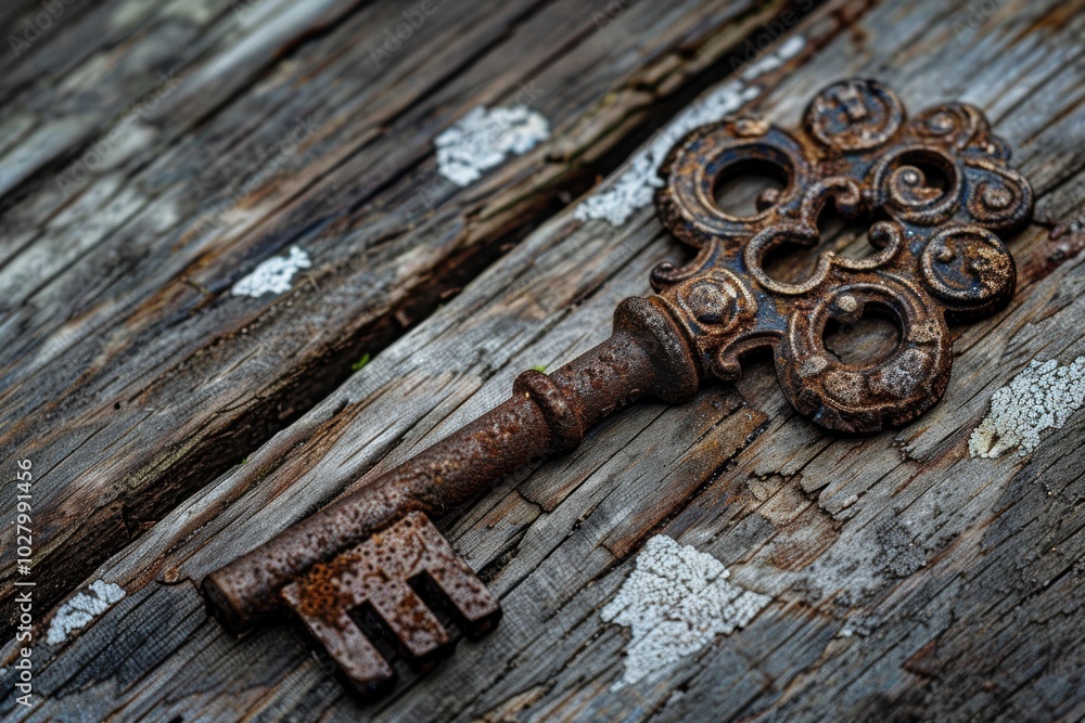Rustic antique key on weathered wooden surface Rustic antique key on weathered wooden surface