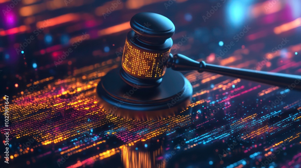 A gavel sits on a digital circuit board with glowing code, representing cyber law and digital justice. A gavel sits on a digital circuit board with glowing code, representing cyber law and digital justice.