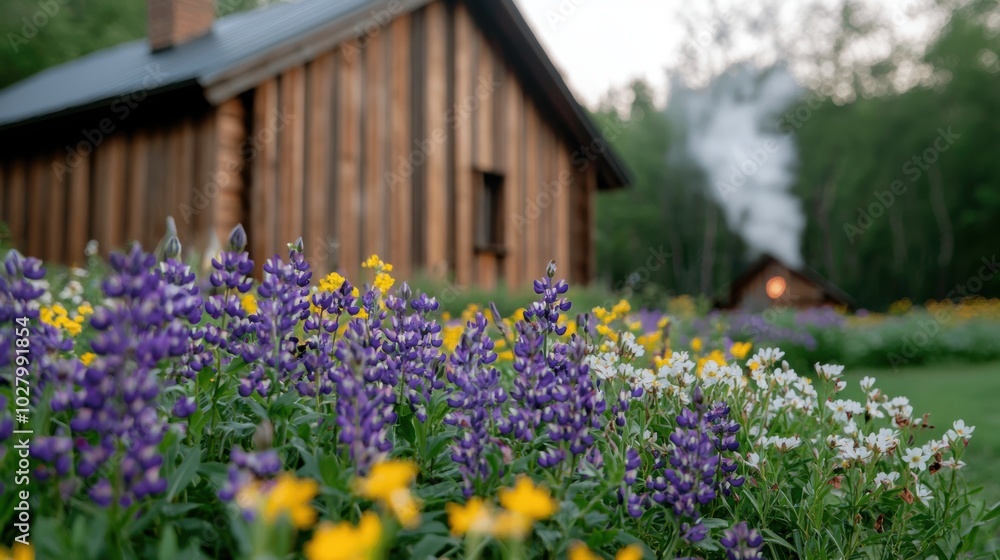 Rustic cabin in a field of colorful wildflowers Rustic cabin in a field of colorful wildflowers