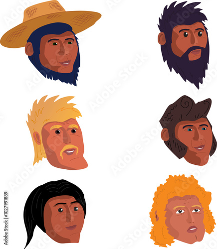 Avatars Icons of people A set of icons in a flat style Vector illustration. Men face are different facial features with a beard in a hat and with a mustache drawn by hand. Different hair and skin