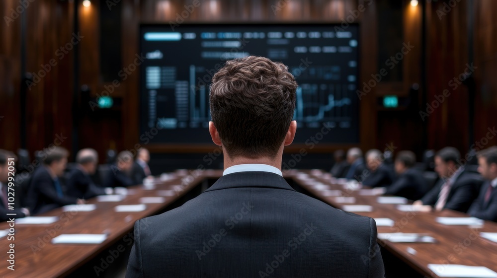 businessman analyzing stock market data on large display businessman analyzing stock market data on large display
