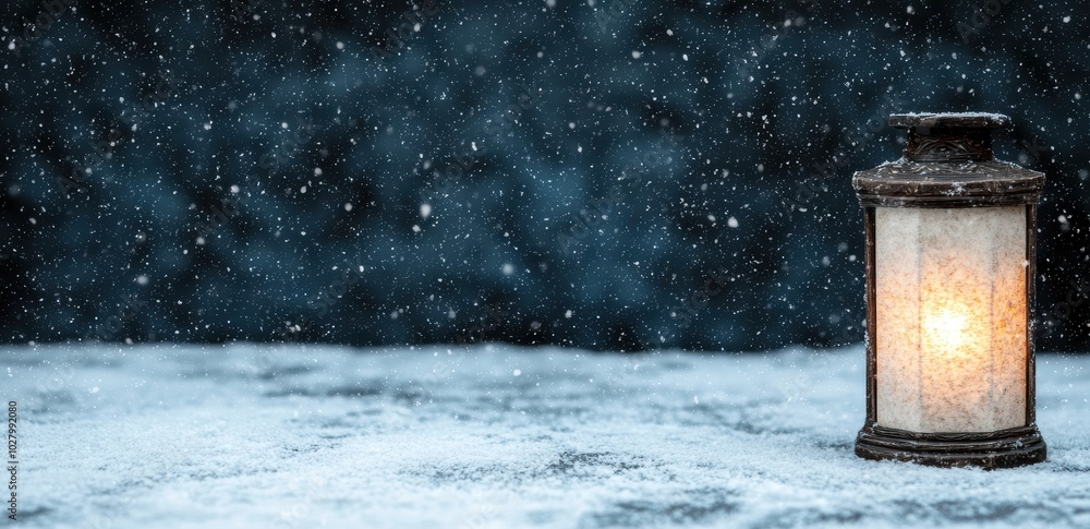 Glowing lantern in snowy winter landscape Glowing lantern in snowy winter landscape