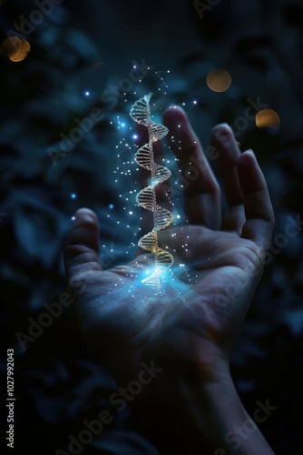 Glowing DNA strand floating above hand photo