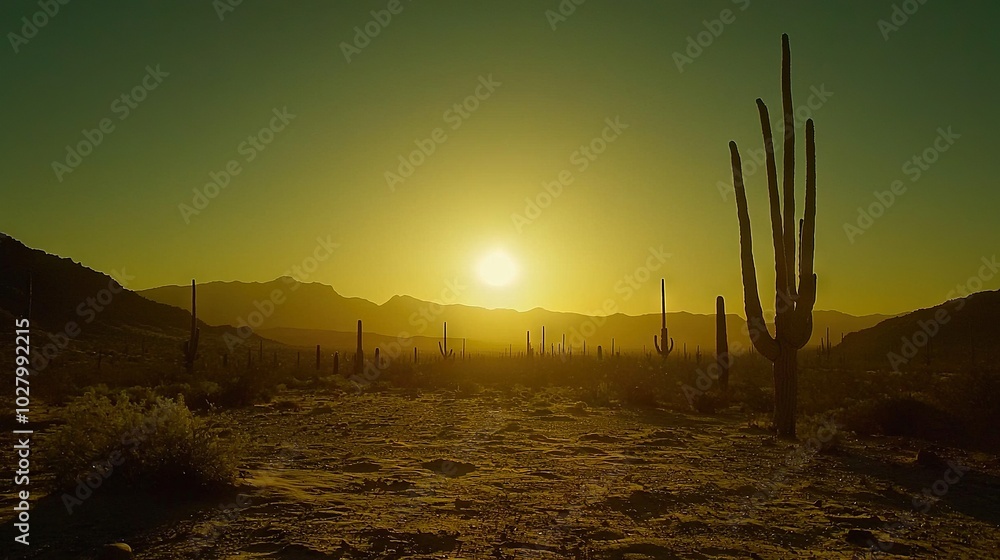 custom made wallpaper toronto digital  The sun sets in the desert with a cactus in the foreground and mountains in the background