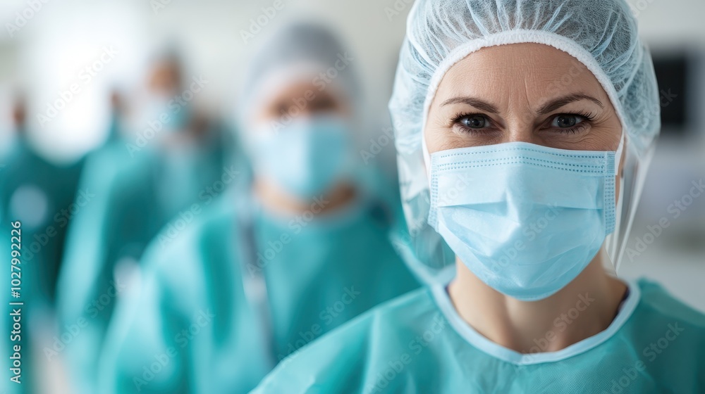The image displays a group of healthcare professionals wearing surgical scrubs and masks in a hospital environment, symbolizing teamwork and medical safety protocols. The image displays a group of healthcare professionals wearing surgical scrubs and masks in a hospital environment, symbolizing teamwork and medical safety protocols.