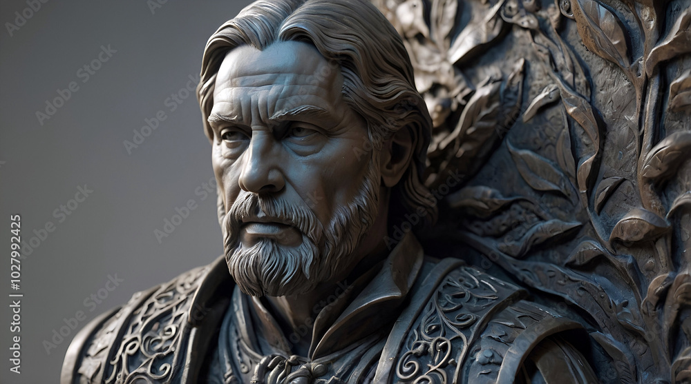 Highly Detailed Bronze Sculpture Of Bearded Man In Ornate Armor Displaying Intricate Leaf Motifs And Regal Expression Highly Detailed Bronze Sculpture Of Bearded Man In Ornate Armor Displaying Intricate Leaf Motifs And Regal Expression