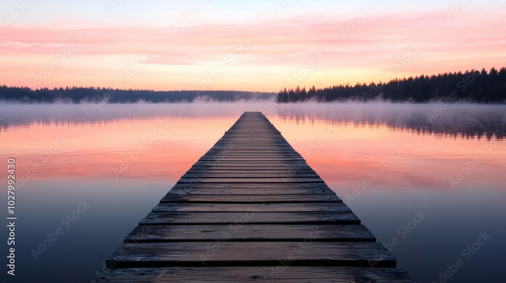 Obraz premium Serene lake with wooden dock at sunset