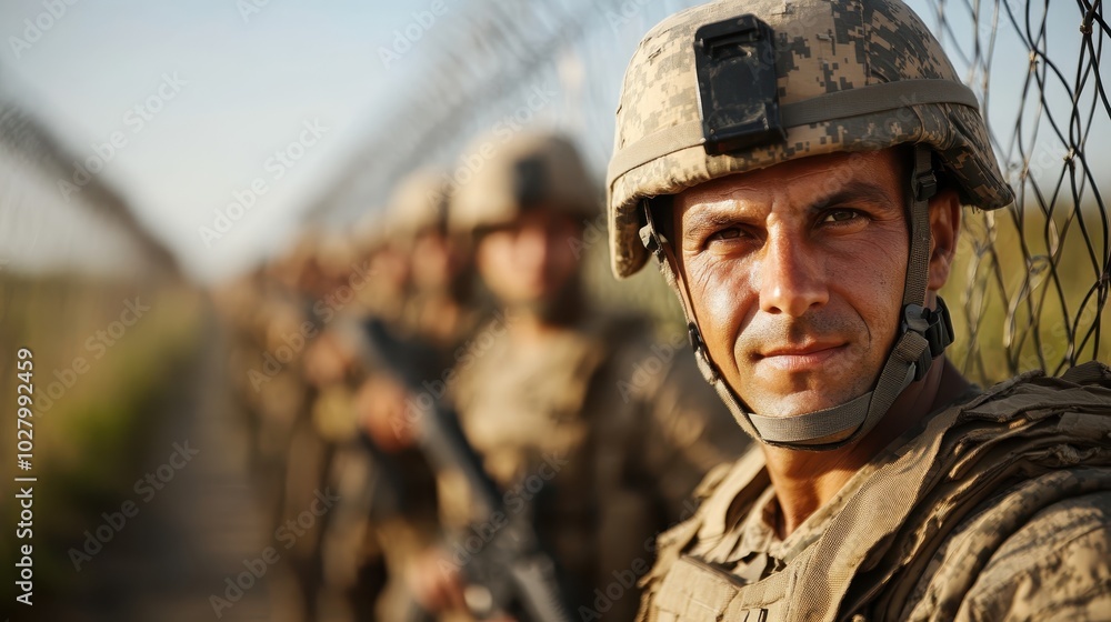A focused militant stands guard at the border fence as the sun sets, with others in a line, symbolizing dedication and security against the serene evening light. A focused militant stands guard at the border fence as the sun sets, with others in a line, symbolizing dedication and security against the serene evening light.