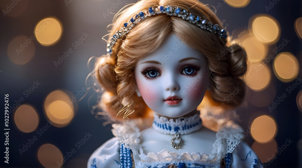 Portrait Of A Porcelain Doll With Blue Eyes Wearing An Intricate Lace Dress And Beaded Headband Against Soft Warm Lighting Portrait Of A Porcelain Doll With Blue Eyes Wearing An Intricate Lace Dress And Beaded Headband Against Soft Warm Lighting