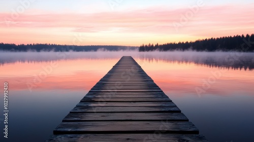 Serene lake with wooden dock at sunset