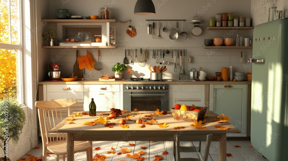 Cozy Autumn Kitchen with Fall Leaves and Harvest Decor Cozy Autumn Kitchen with Fall Leaves and Harvest Decor