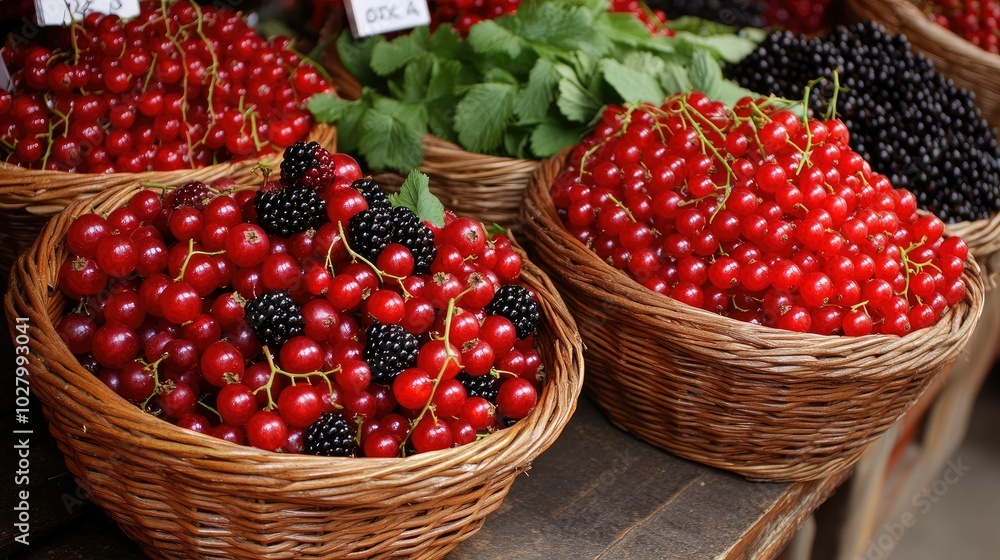 Fresh Berries in Market Baskets Displayed for Sale Fresh Berries in Market Baskets Displayed for Sale