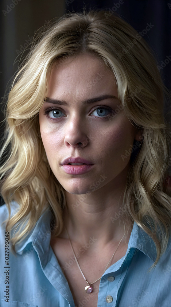 Hyper Realistic Portrait Of A Woman With Blonde Wavy Hair Wearing A Light Blue Shirt And A Simple Necklace With A Calm Thoughtful Expression Hyper Realistic Portrait Of A Woman With Blonde Wavy Hair Wearing A Light Blue Shirt And A Simple Necklace With A Calm Thoughtful Expression