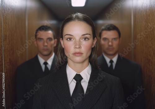 Serious businesswoman in formal attire with two men in the background