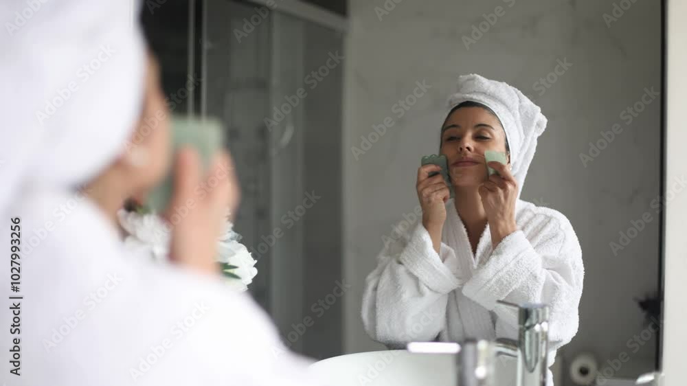 Woman using gua sha scraping massage tool Woman using gua sha scraping massage tool