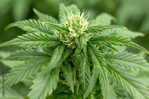 Close-up of a cannabis plant with fuzzy green leaves and a flowering bud