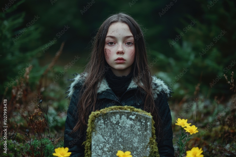 mysterious girl in dark forest with flowers mysterious girl in dark forest with flowers