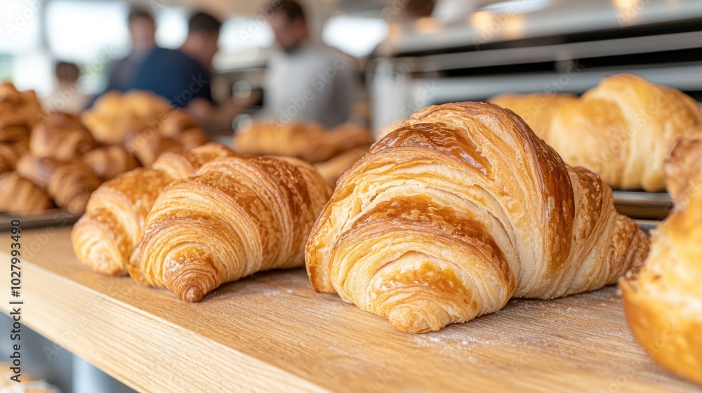Freshly baked croissants on a wooden display Freshly baked croissants on a wooden display