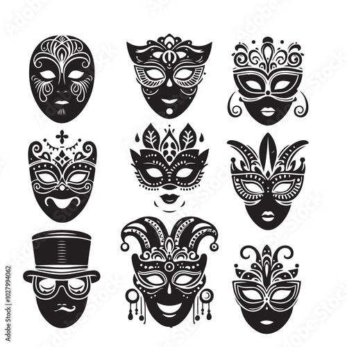 Festival Mask Bundle Illustration, Theater Mask Cut File, Circus Stencil silhouette vector on white background 10 eps