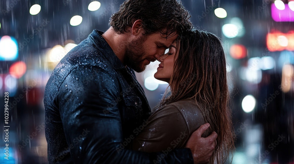 A couple embraces each other tightly in the rain, under bright city lights, showcasing themes of love, togetherness, and resilience in a moody urban setting. A couple embraces each other tightly in the rain, under bright city lights, showcasing themes of love, togetherness, and resilience in a moody urban setting.