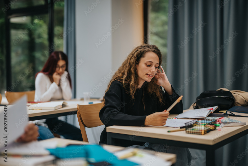 A group of students attentively taking notes during a class session. They are seated at desks with open books and pens, indicating a studious and focused learning environment. A group of students attentively taking notes during a class session. They are seated at desks with open books and pens, indicating a studious and focused learning environment.