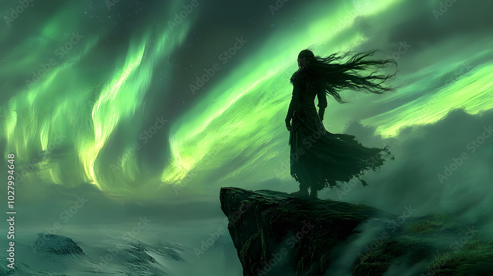 Viking Woman Gazing at Vibrant Northern Lights from a Cliff: A Serene Wallpaper Illustrating Tranquility and Wonder in History Viking Woman Gazing at Vibrant Northern Lights from a Cliff: A Serene Wallpaper Illustrating Tranquility and Wonder in History