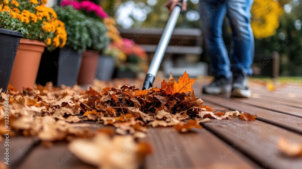 A person gathers a pile of autumn leaves on a wooden deck with flower pots, symbolizing the changing season and the interplay between man and nature. A person gathers a pile of autumn leaves on a wooden deck with flower pots, symbolizing the changing season and the interplay between man and nature.