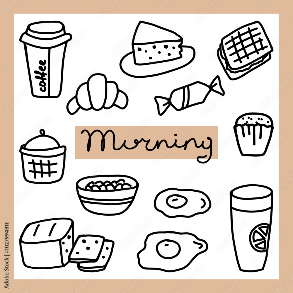 Fototapeta premium A delightful breakfast spread featuring coffee, pastries, and eggs in a cheerful morning layout with playful illustrations