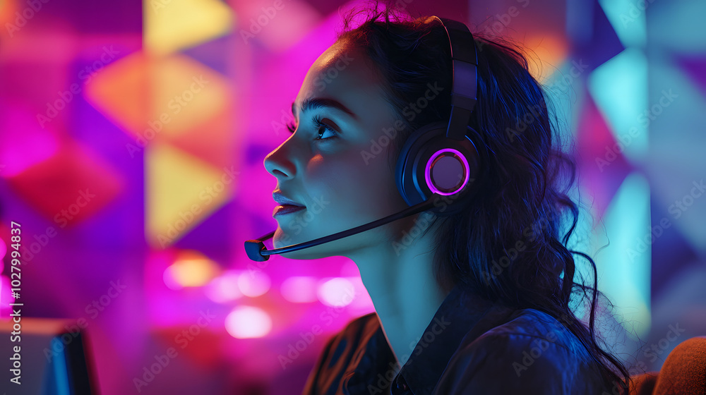An Attentive Call Center Woman Multitasking Amidst Energy of Colorful Geometric Wallpaper An Attentive Call Center Woman Multitasking Amidst Energy of Colorful Geometric Wallpaper