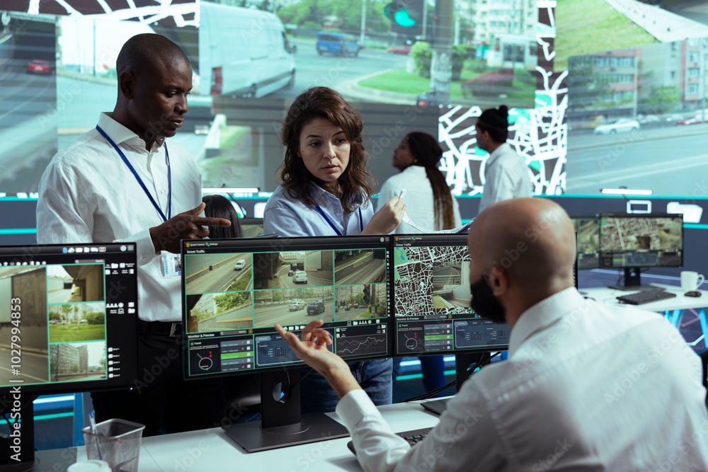 Obraz premium Diverse staff sharing insight on cargo logistics and monitoring activity through traffic, following delivery trucks around town on satellite radar map. Ensure express delivery via CCTV footage.