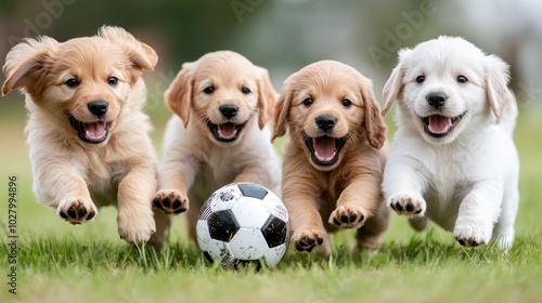 A delightful scene of four puppies eagerly chasing a soccer ball, capturing the essence of teamwork, play, and innocent joy on a bright, green field.