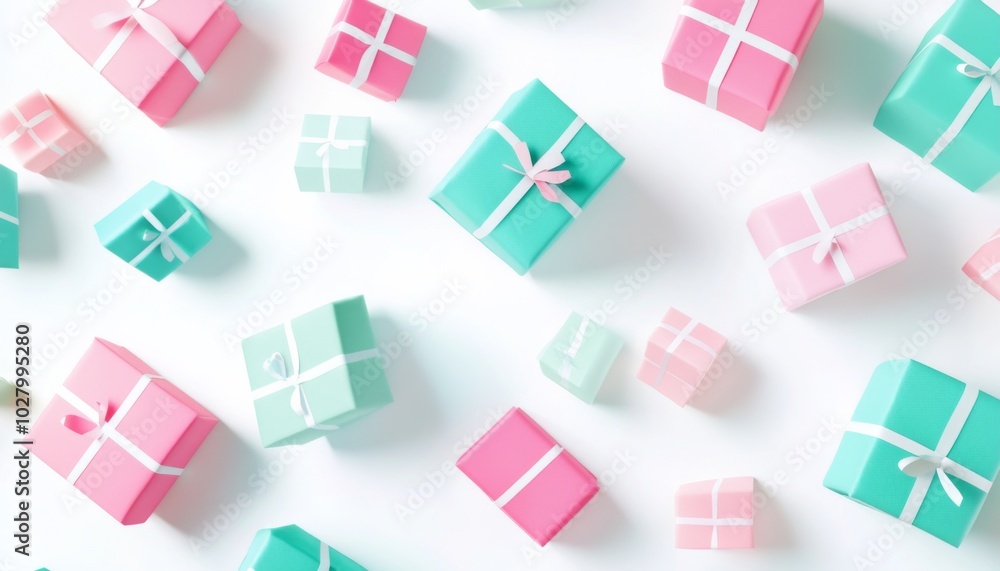 Colorful Gift Boxes in Pink, Green, and Teal Falling on a White Background for a Festive Celebration.
Colorful Gift Boxes in Pink, Green, and Teal Falling on a White Background for a Festive Celebration.