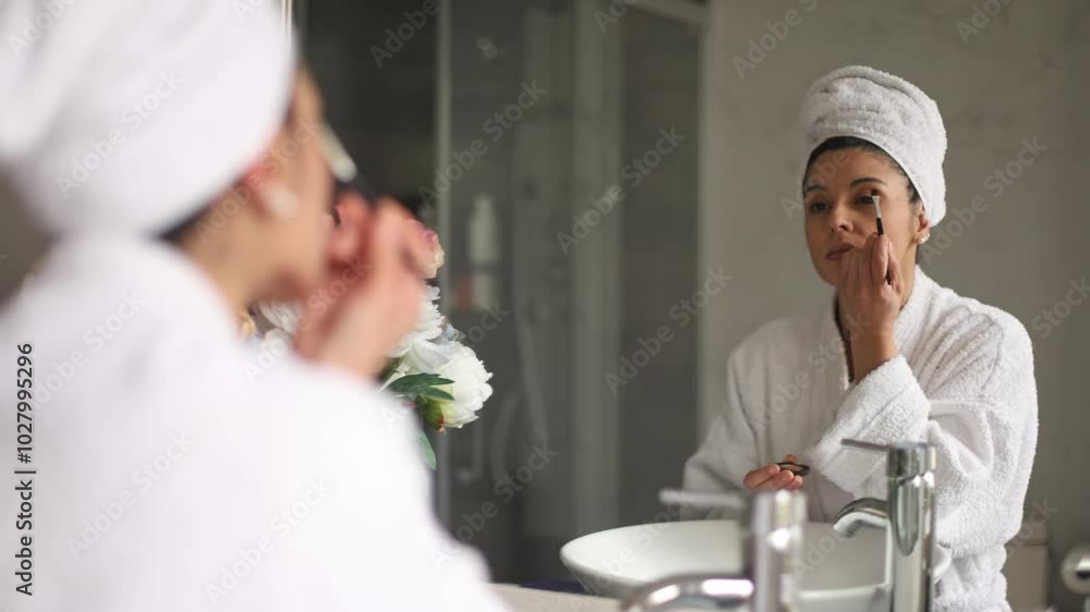 Woman in a bathrobe applies makeup while standing in her bathroom, surrounded by beauty products and a mirror Woman in a bathrobe applies makeup while standing in her bathroom, surrounded by beauty products and a mirror