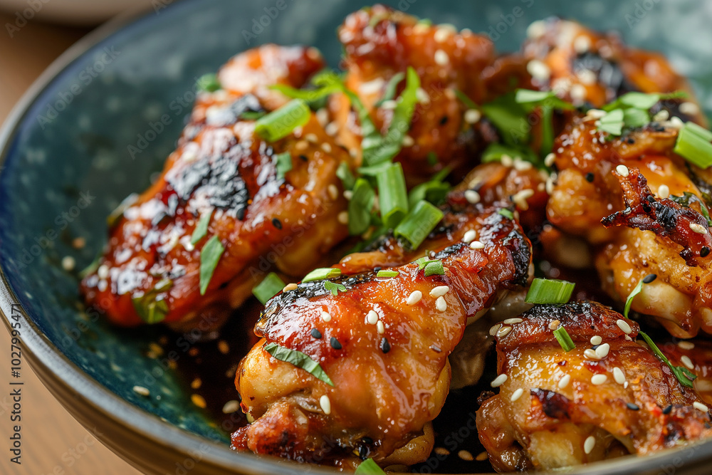 A bowl of chicken wings with sesame seeds and green onions A bowl of chicken wings with sesame seeds and green onions