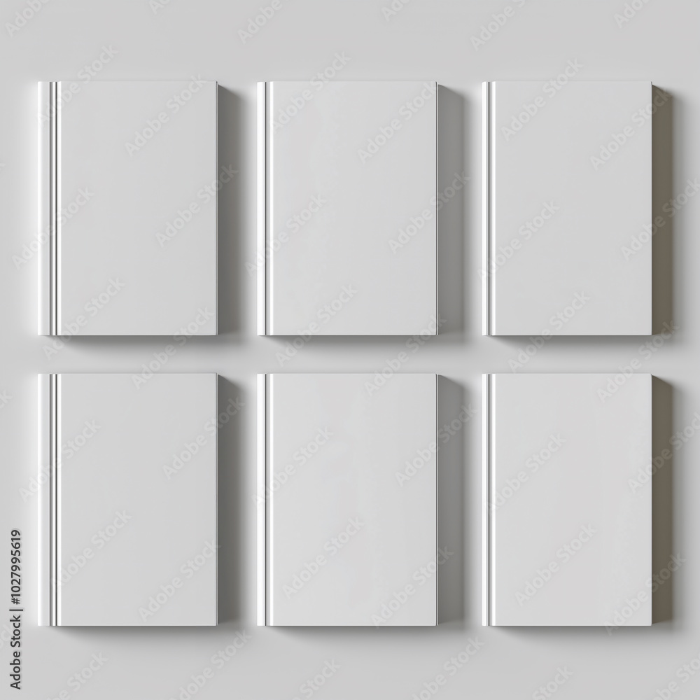 Mockup, six white closed mock-up books displayed on a white backdrop, focusing on their spines and covers, top view
Mockup, six white closed mock-up books displayed on a white backdrop, focusing on their spines and covers, top view