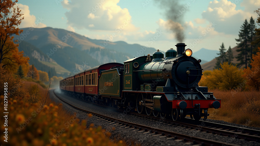 Obraz premium Trains Pulled Back Against Vibrant Scenery, Evoking the Magic of Nostalgic Rail Journeys Through Beautiful Landscapes