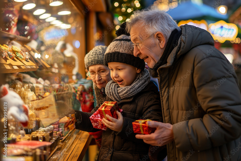 A man and a woman are looking at a display of Christmas gifts A man and a woman are looking at a display of Christmas gifts