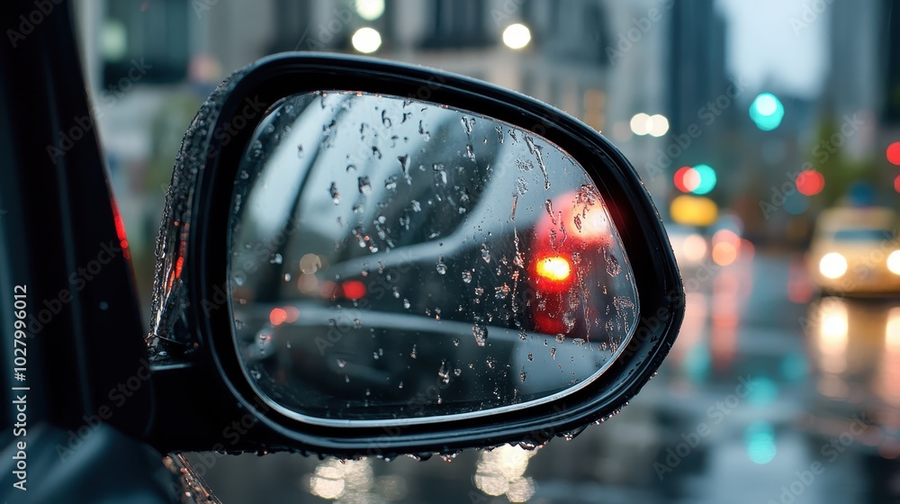 Reflections of an urban night scene with blurred lights are visible through raindrop-covered car mirror glass, capturing the intersection of nature and city call. Reflections of an urban night scene with blurred lights are visible through raindrop-covered car mirror glass, capturing the intersection of nature and city call.