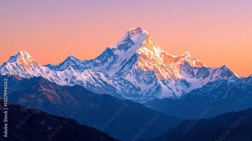A mountain range viewed against a backdrop of pink sky and a pink sky in the foreground A mountain range viewed against a backdrop of pink sky and a pink sky in the foreground