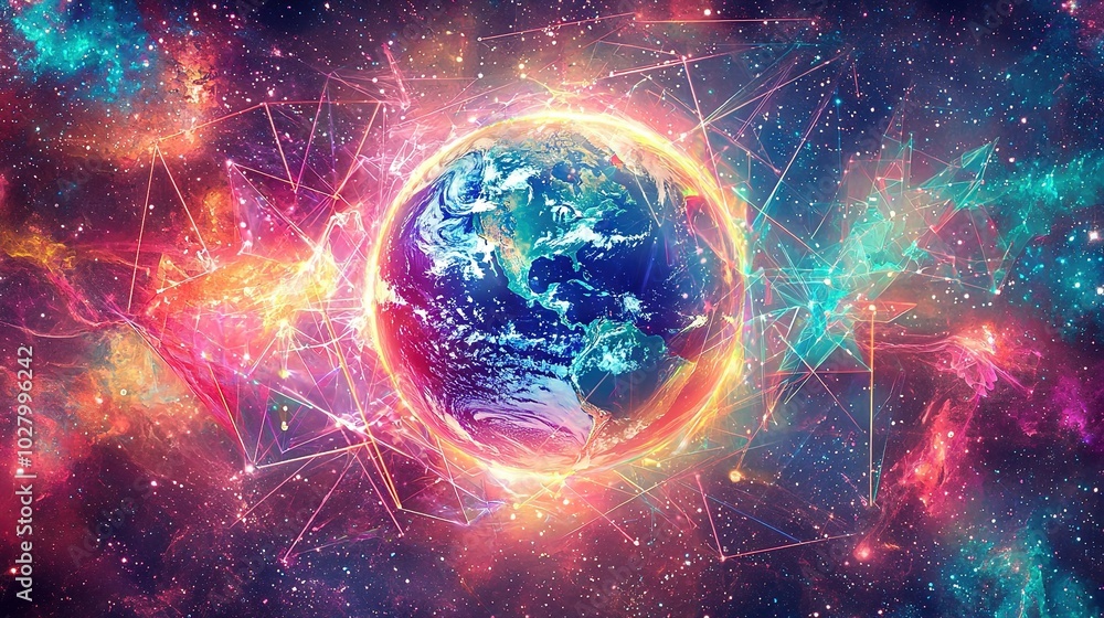 Earth centered in starry cosmos with fiery ring Earth centered in starry cosmos with fiery ring