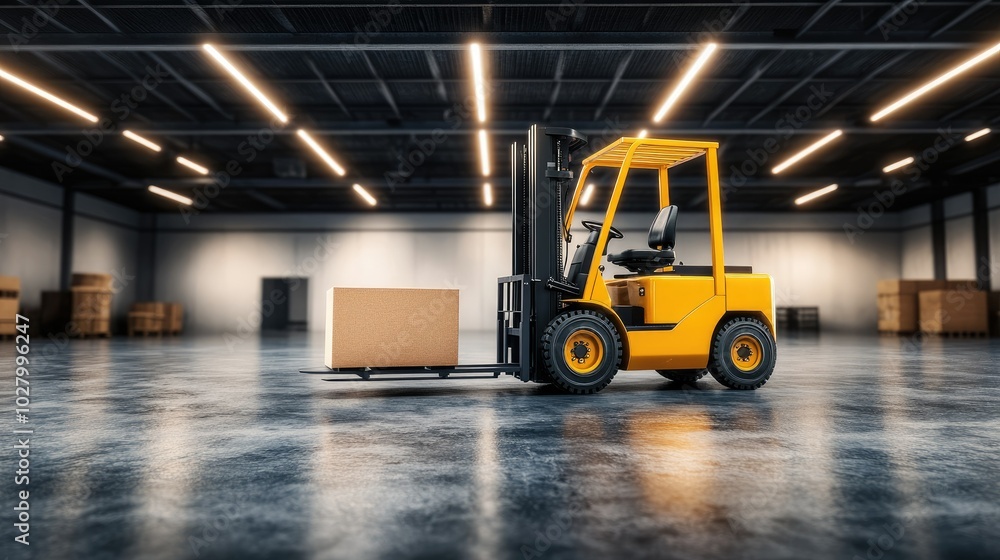 Yellow Forklift in Warehouse with Cardboard Box Yellow Forklift in Warehouse with Cardboard Box