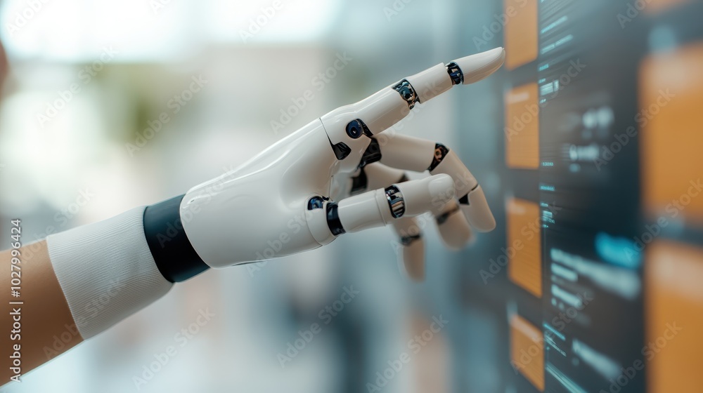 Zooming in on a robotic hand with a sleek design, interacting with a digital interface showcasing futuristic technology through a detailed, glowing display. Zooming in on a robotic hand with a sleek design, interacting with a digital interface showcasing futuristic technology through a detailed, glowing display.