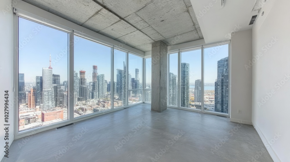 Modern Empty Apartment with City Skyline View Modern Empty Apartment with City Skyline View