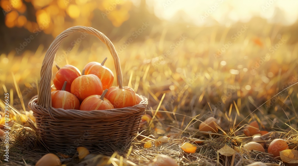 Sunlit basket of apples in autumn meadow Sunlit basket of apples in autumn meadow