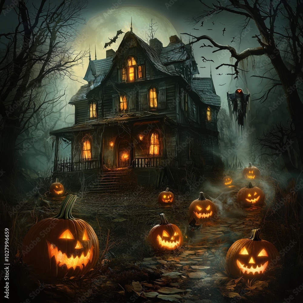 Haunted mansion with glowing jack-o'-lanterns and spooky night atmosphere Haunted mansion with glowing jack-o'-lanterns and spooky night atmosphere